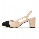 Beige & Black Contrast Toe Slingback Mid-Block Ballet Silhouette Heels
